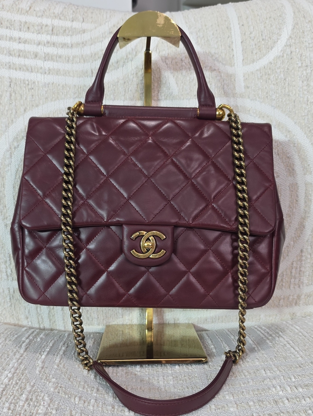 CHANEL Crinkle Leather Top-Hnadle Flap Bag in Deep Burgundy with Gold Hardware